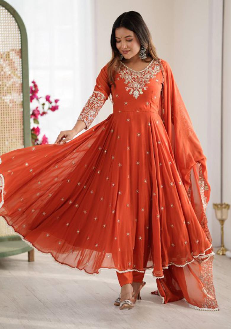 Red Embroidered Sequence Georgette Anarkali Set With Dupatta - Indya