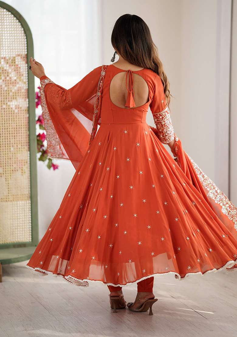 Red Embroidered Georgette Anarkali Set - Indya
