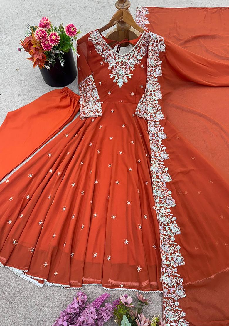 Red Embroidered Sequence Georgette Anarkali Set With Dupatta - Indya
