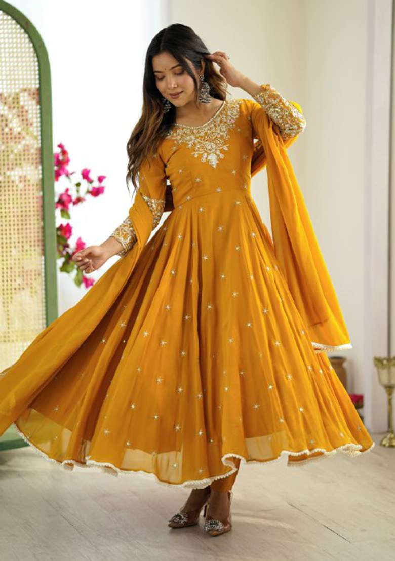 Yellow Embroidered Georgette Anarkali Set - Indya