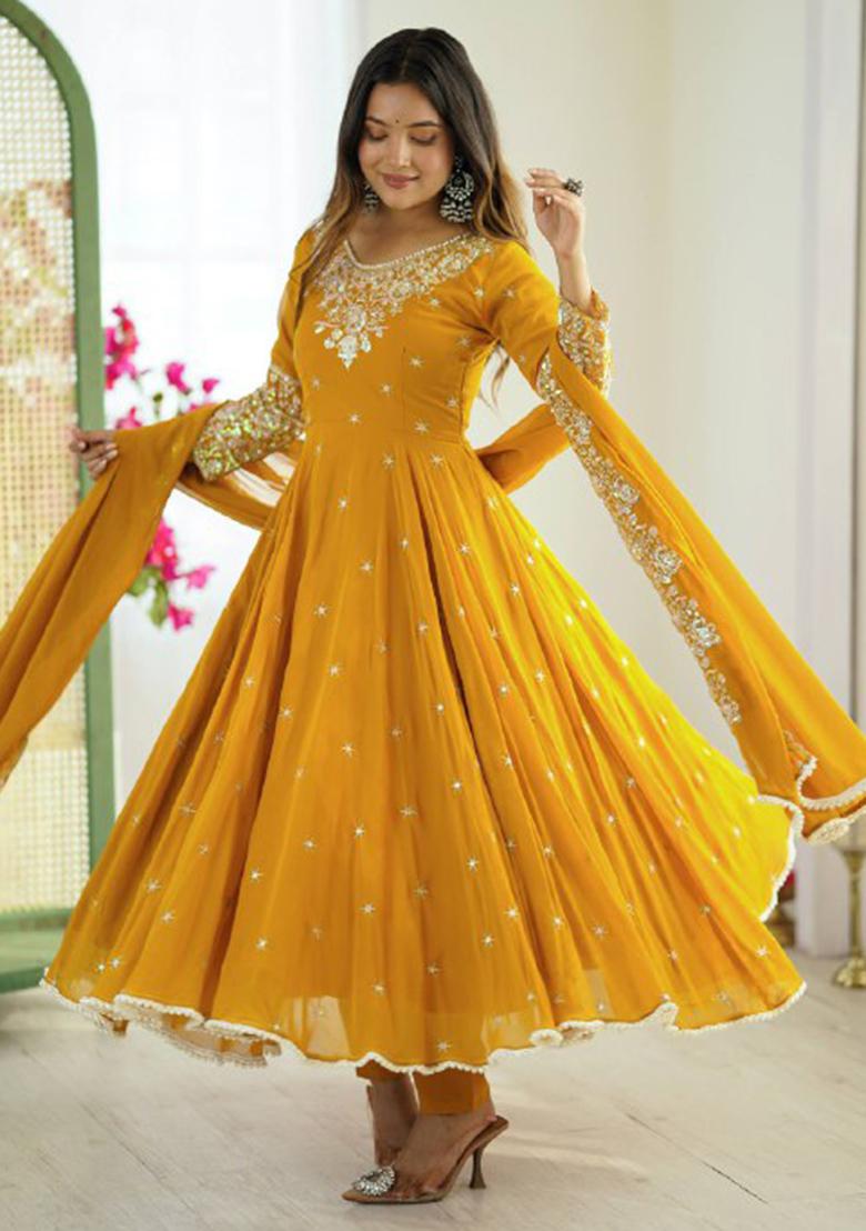 Yellow Embroidered Sequence Georgette Anarkali Set With Dupatta - Indya