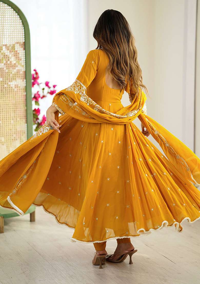 Yellow Embroidered Georgette Anarkali Set - Indya