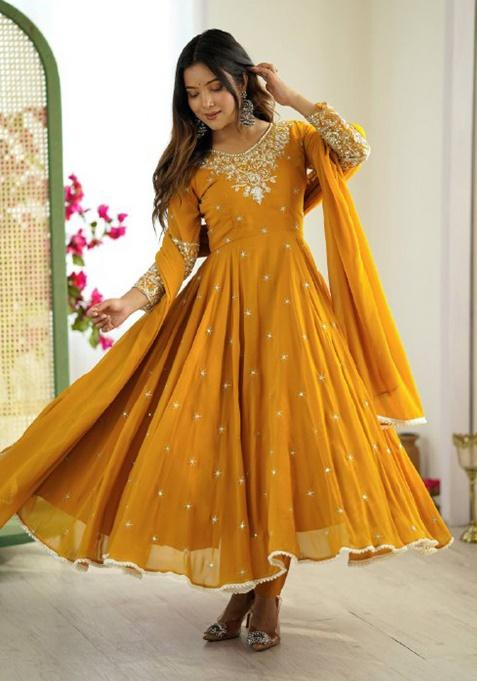 Yellow Embroidered Sequence Georgette Anarkali Set With Dupatta