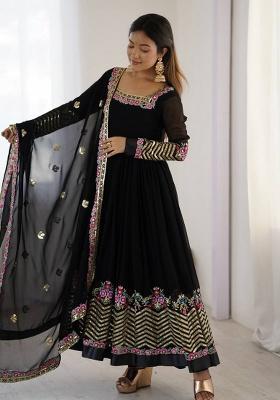 Black Embroidered Sequence Georgette Anarkali Set With Dupatta