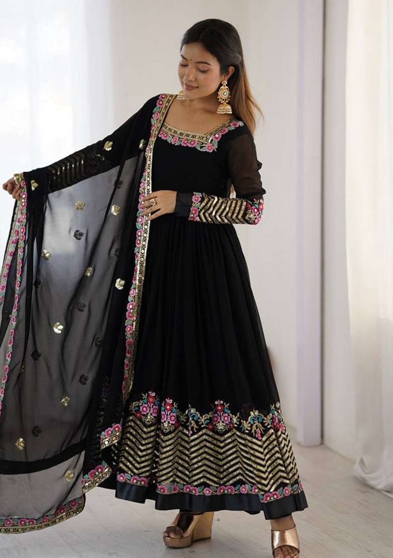 Black Embroidered Georgette Anarkali Set - Indya