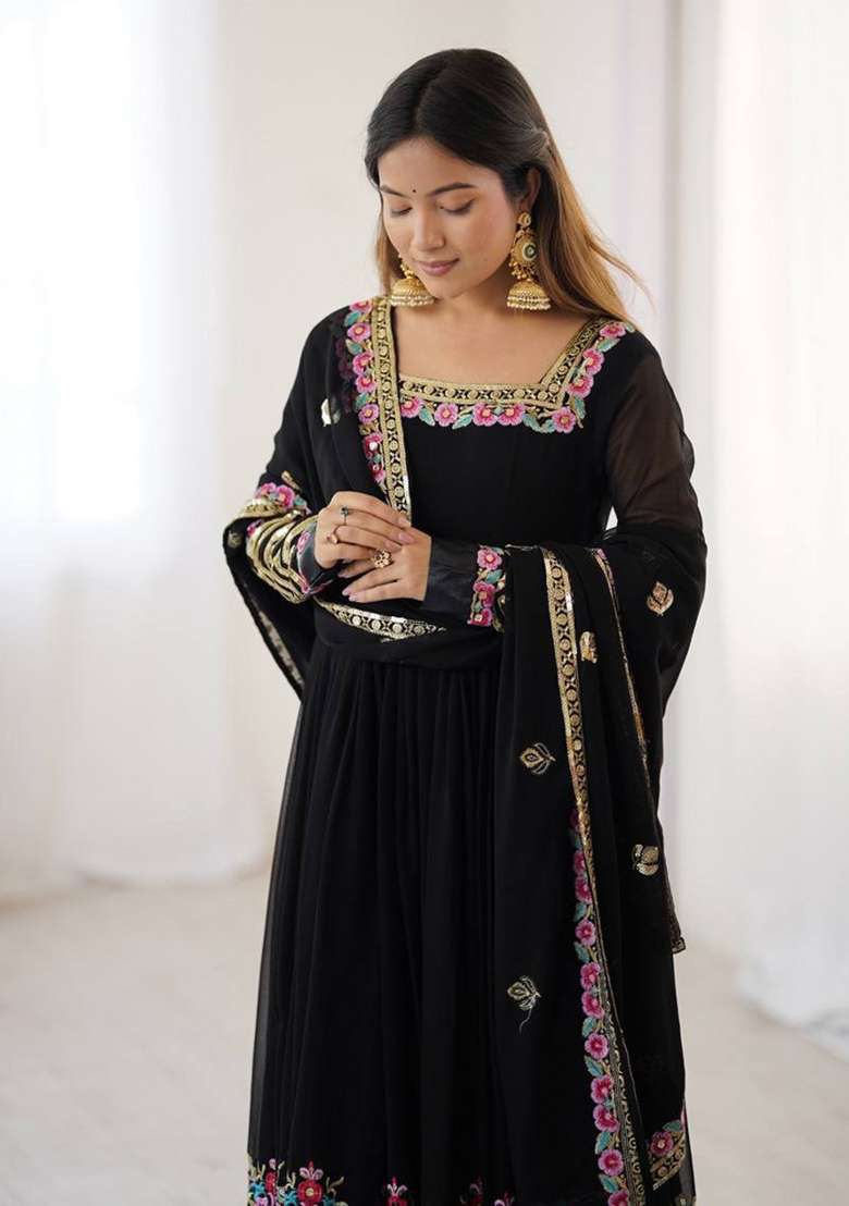 Black Embroidered Georgette Anarkali Set - Indya