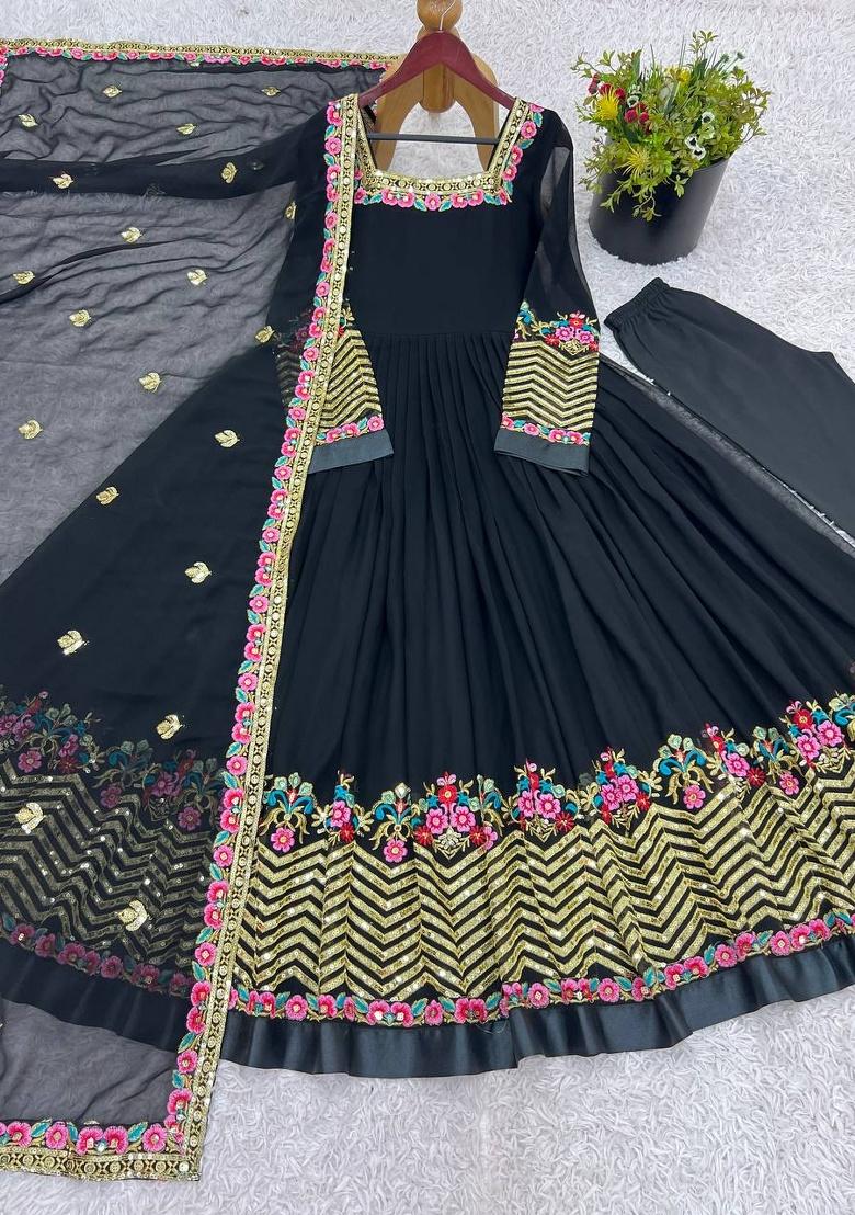 Black Embroidered Sequence Georgette Anarkali Set With Dupatta - Indya