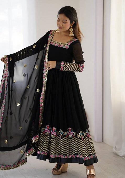 Black Embroidered Sequence Georgette Anarkali Set With Dupatta
