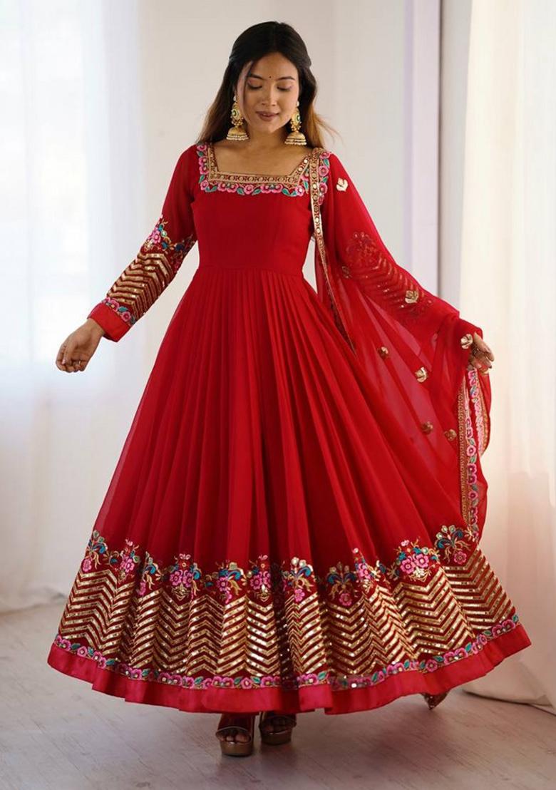 Orange Embroidered Sequence Georgette Anarkali Set With Dupatta - Indya