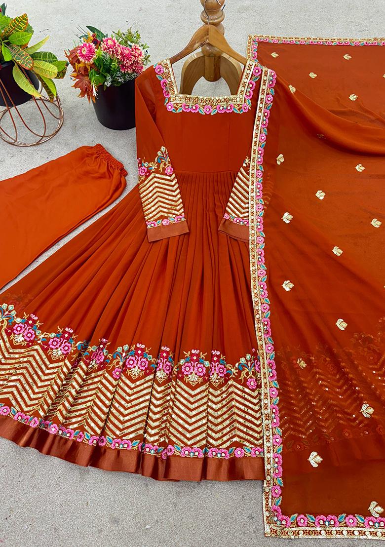Orange Embroidered Sequence Georgette Anarkali Set With Dupatta - Indya