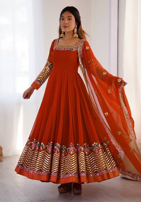 Orange Embroidered Sequence Georgette Anarkali Set With Dupatta