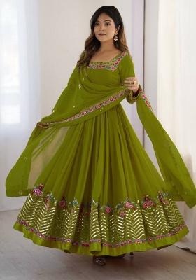 Parrot Green Embroidered Sequence Georgette Anarkali Set With Dupatta