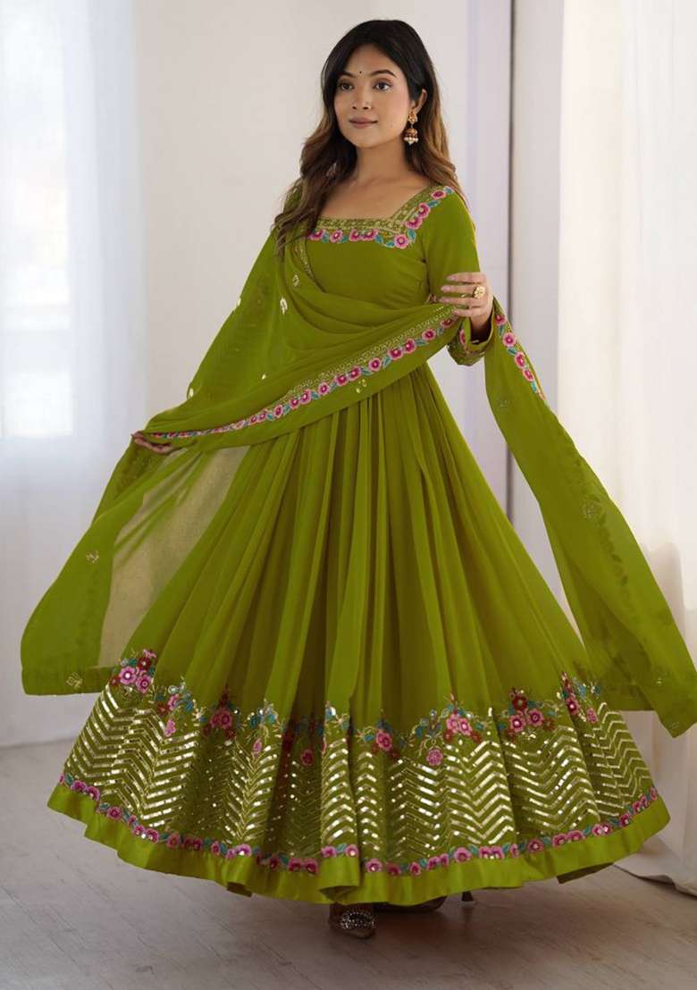 Parrot Green Embroidered Georgette Anarkali Set - Indya