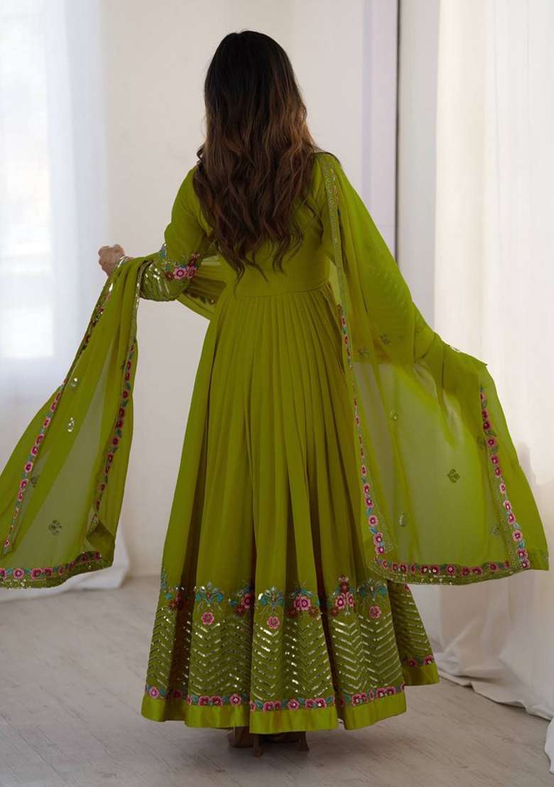 Parrot Green Embroidered Georgette Anarkali Set - Indya