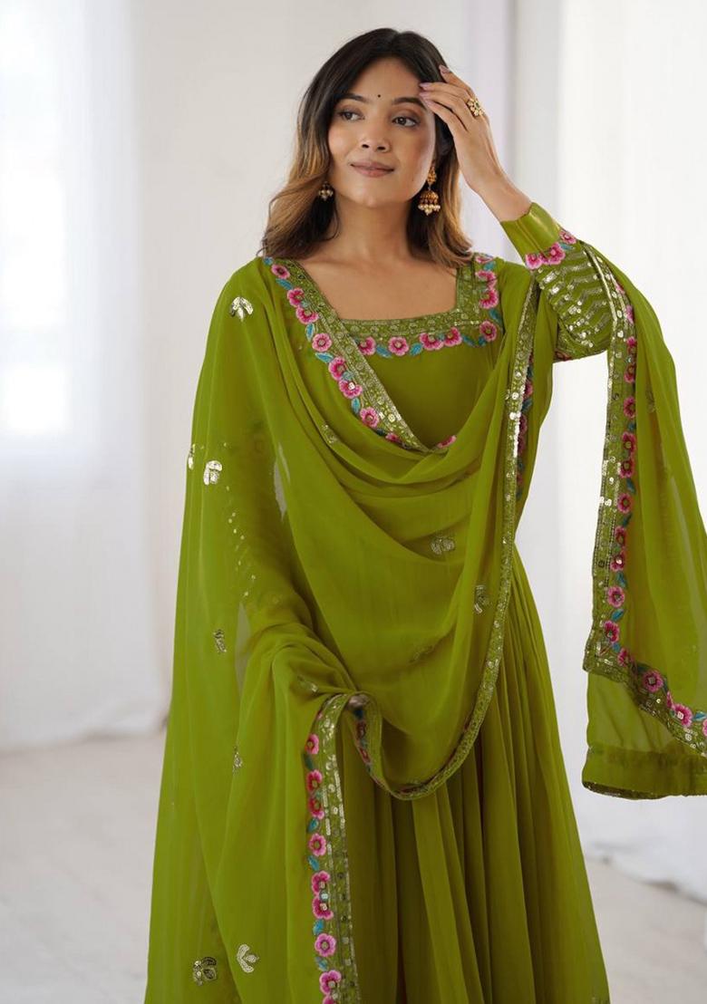 Parrot Green Embroidered Sequence Georgette Anarkali Set With Dupatta - Indya