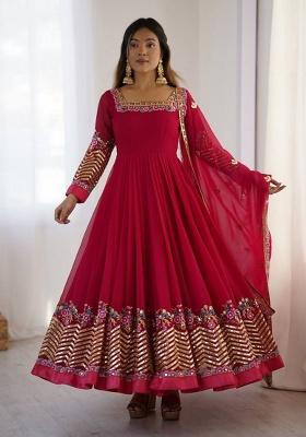 Pink Embroidered Sequence Georgette Anarkali Set With Dupatta