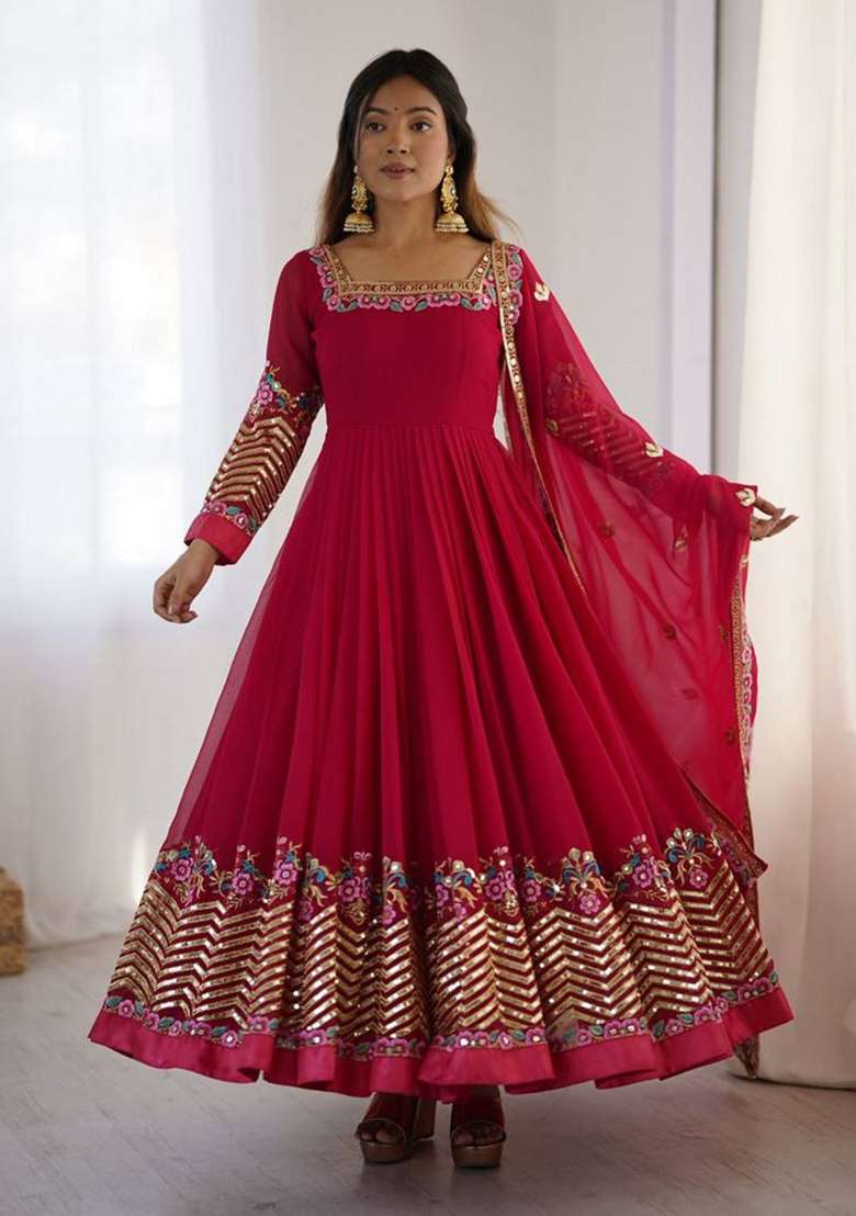 Pink Embroidered Georgette Anarkali Set - Indya