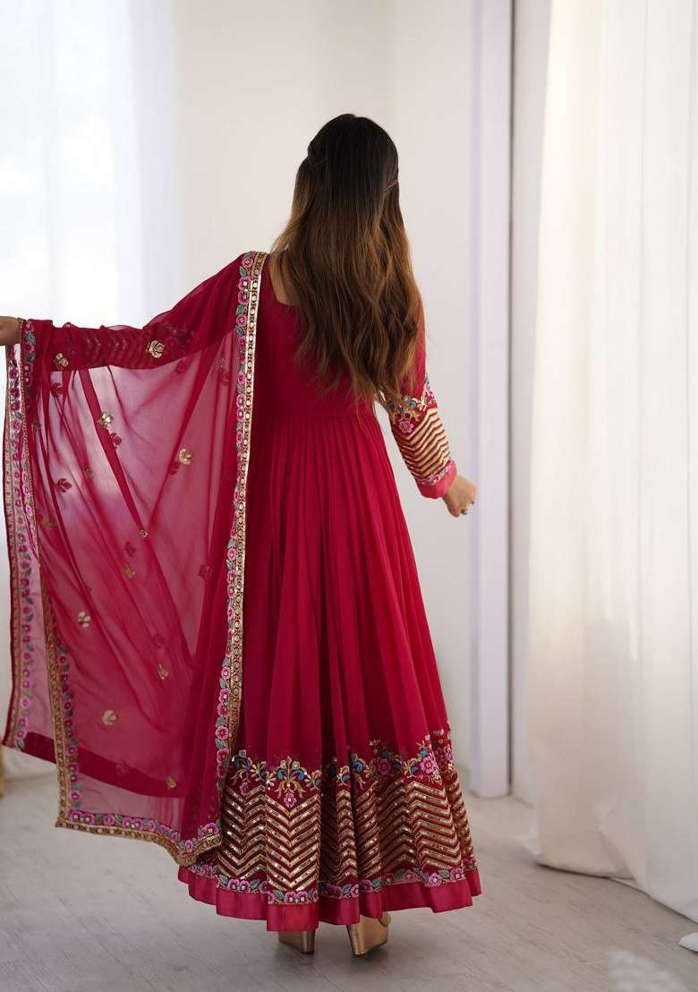 Pink Embroidered Georgette Anarkali Set - Indya