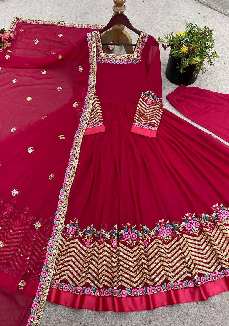 Pink Embroidered Sequence Georgette Anarkali Set With Dupatta - Indya