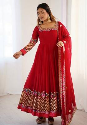Red Embroidered Sequence Georgette Anarkali Set With Dupatta
