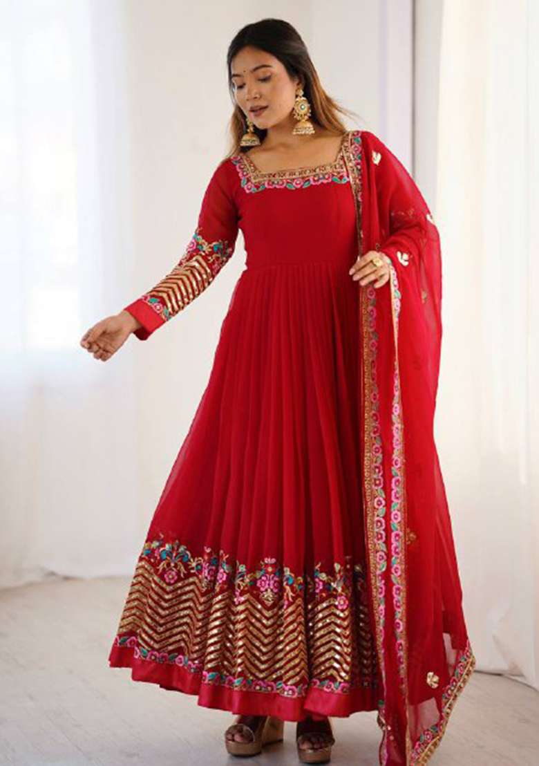 Red Embroidered Georgette Anarkali Set - Indya