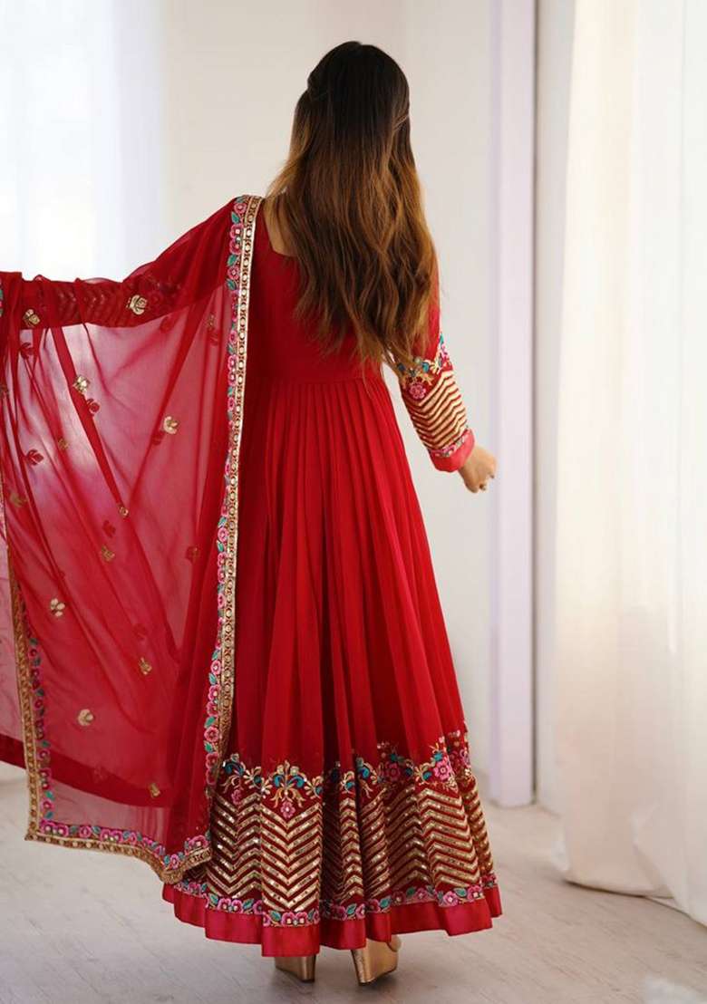Red Embroidered Georgette Anarkali Set - Indya