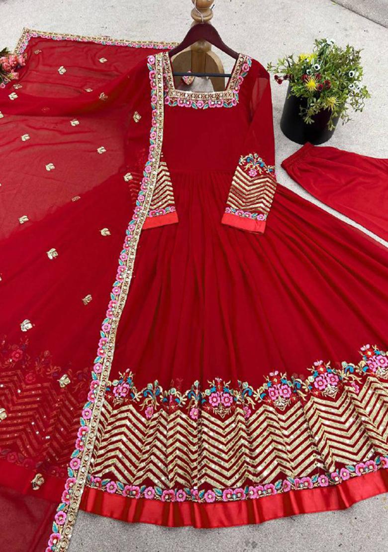 Red Embroidered Sequence Georgette Anarkali Set With Dupatta - Indya