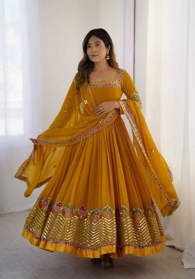 Yellow Embroidered Sequence Georgette Anarkali Set With Dupatta