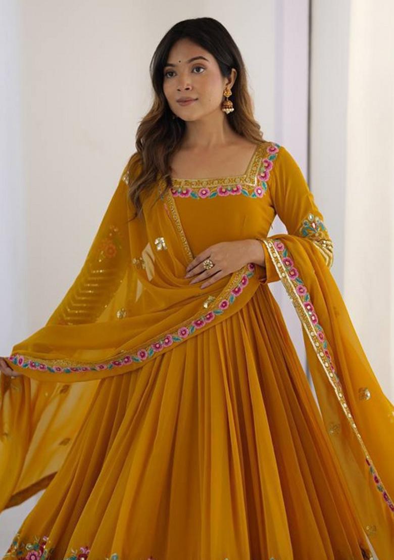 Yellow Embroidered Sequence Georgette Anarkali Set With Dupatta - Indya