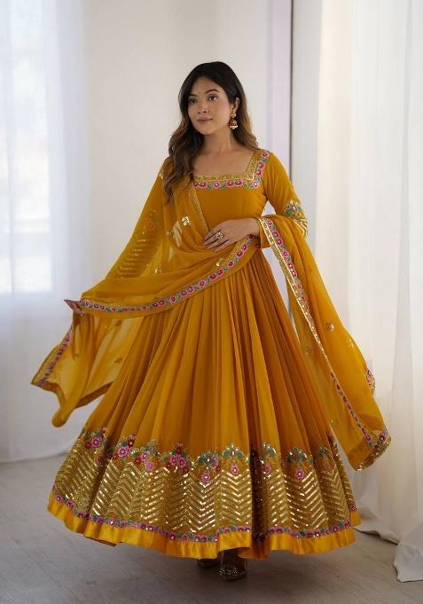 Yellow Embroidered Sequence Georgette Anarkali Set With Dupatta