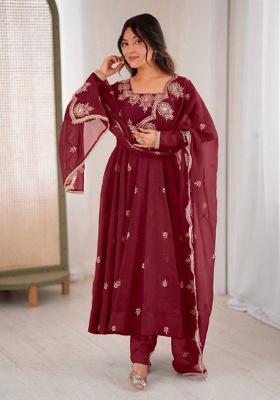 Maroon Embroidered Sequence Silk Anarkali Set With Dupatta