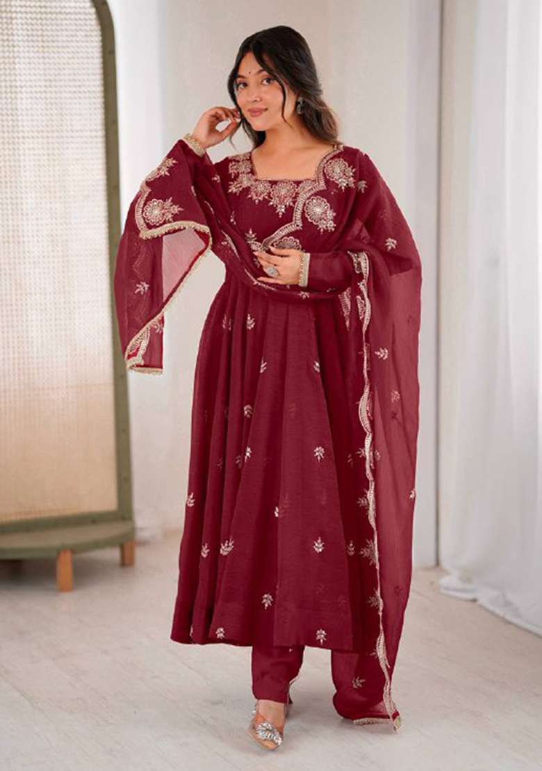 Maroon Embroidered Silk Blend Anarkali Set - Indya