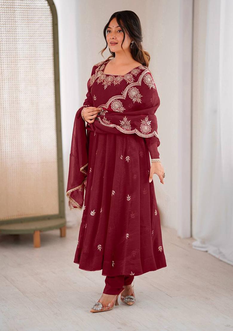 Maroon Embroidered Sequence Silk Anarkali Set With Dupatta - Indya