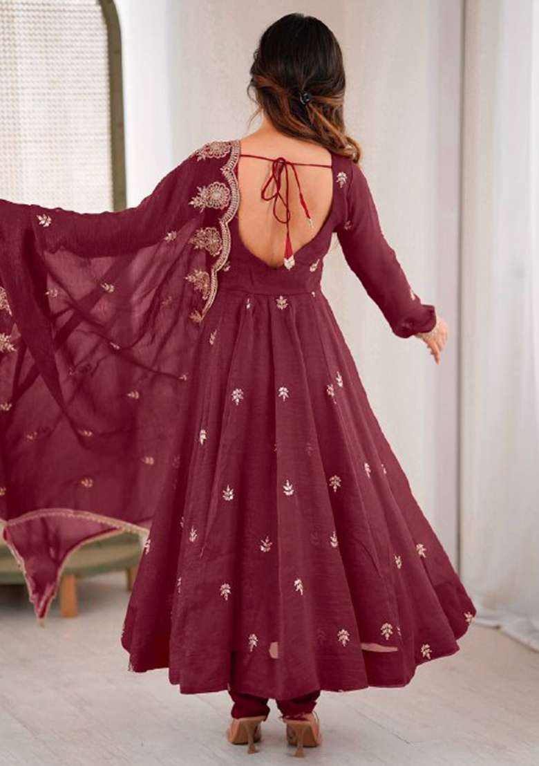 Maroon Embroidered Silk Blend Anarkali Set - Indya