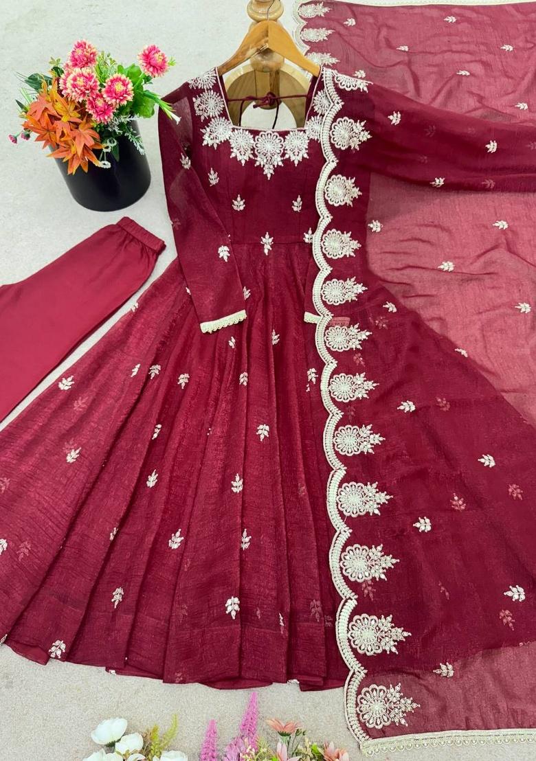Maroon Embroidered Sequence Silk Anarkali Set With Dupatta - Indya