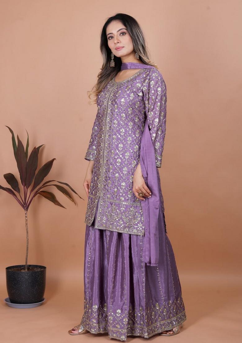 Lavender Embroidery Silk Sharara Set - Indya