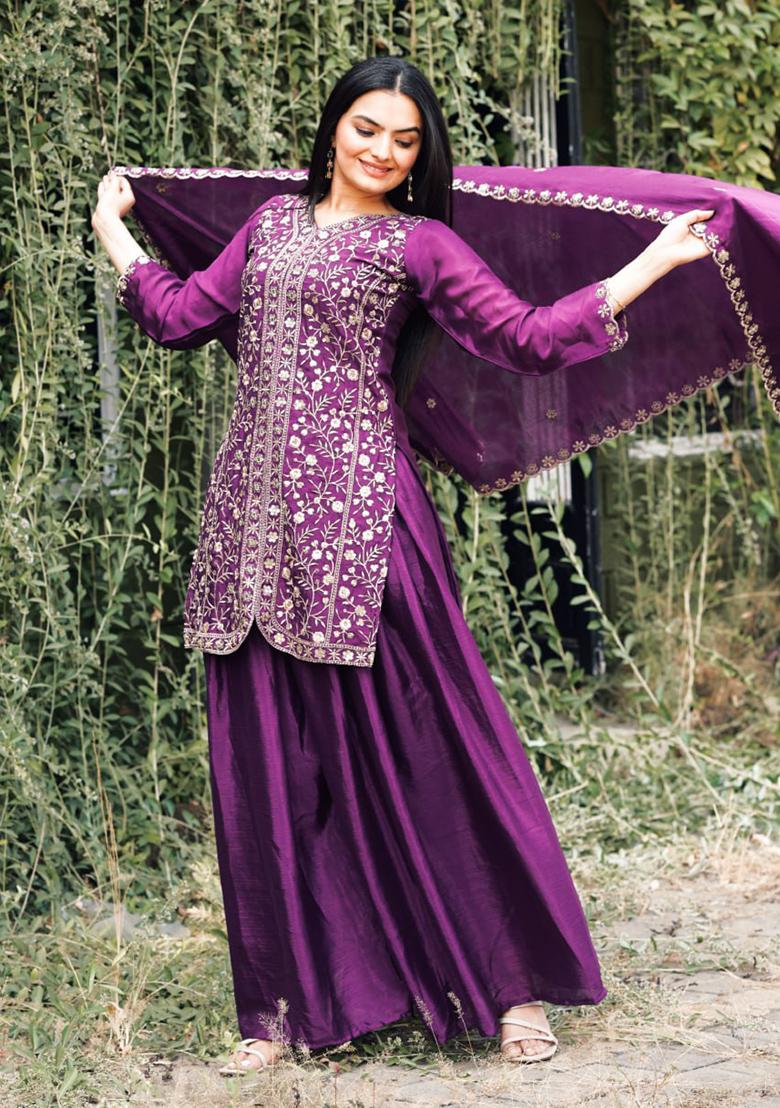 Wine Embroidery Silk Sharara Set - Indya