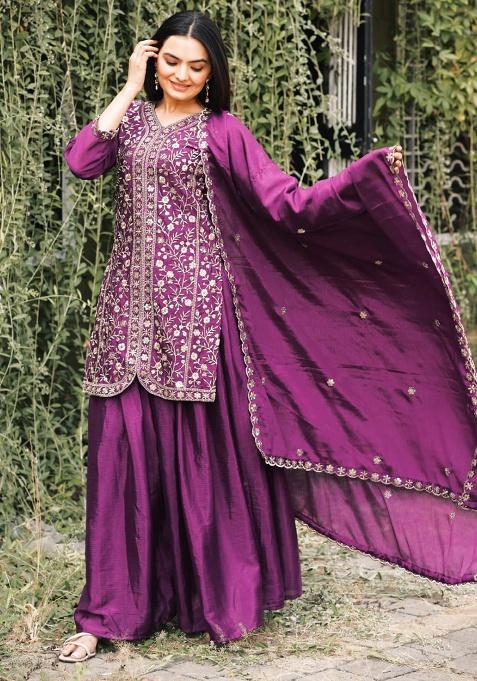 Wine Embroidery Silk Sharara Set