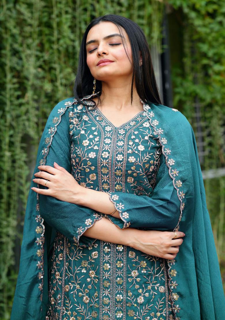 Morpich Embroidery Silk Sharara Set - Indya