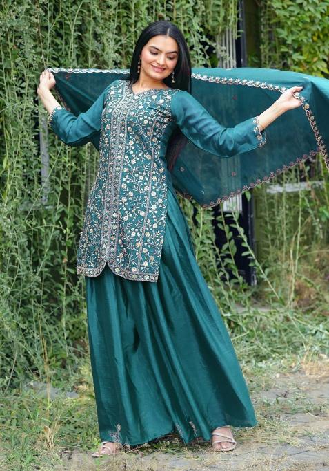 Morpich Embroidery Silk Sharara Set