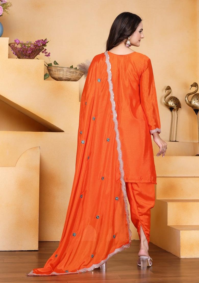 Orange Embroidery Silk Kurta Set - Indya