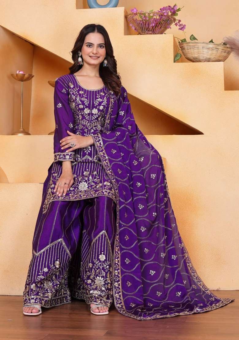Violet Embroidery Silk Sharara Set - Indya