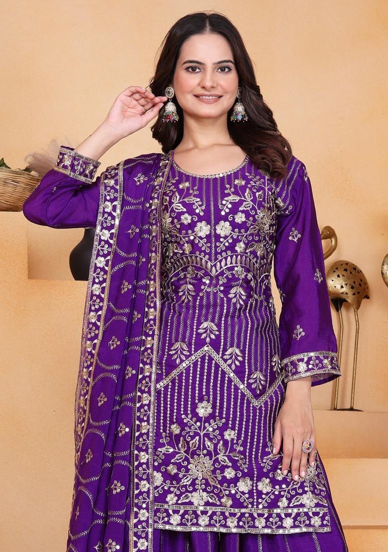 Violet Embroidery Silk Sharara Set - Indya