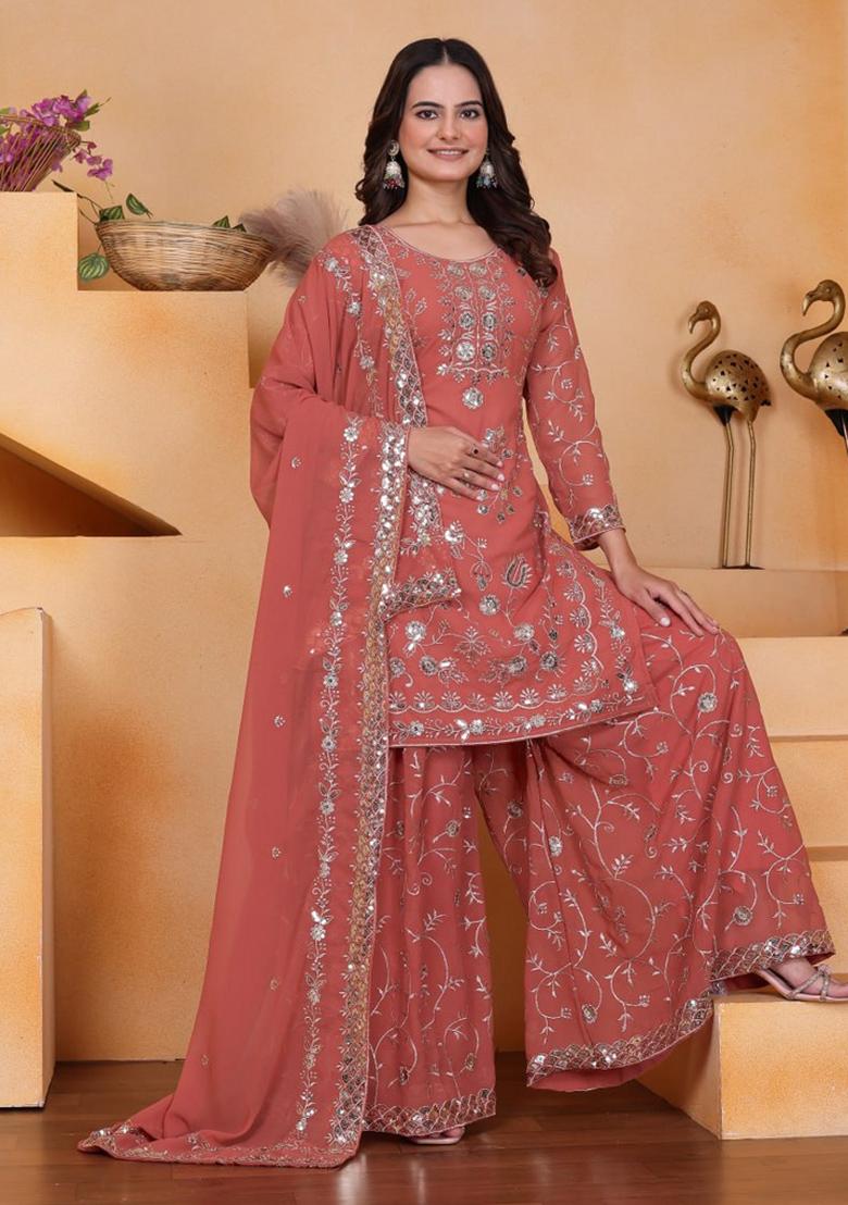 Peach Embroidery Georgette Sharara Set - Indya