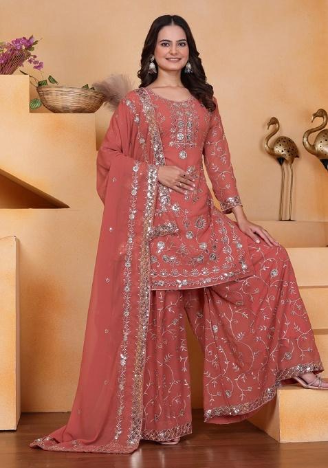 Peach Embroidery Georgette Sharara Set