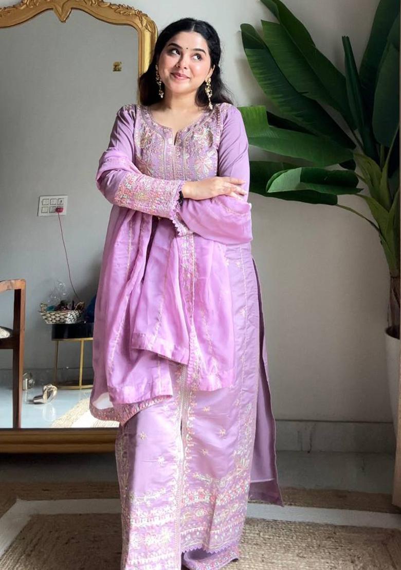 Lavender Embroidery Silk Plazzo Set - Indya