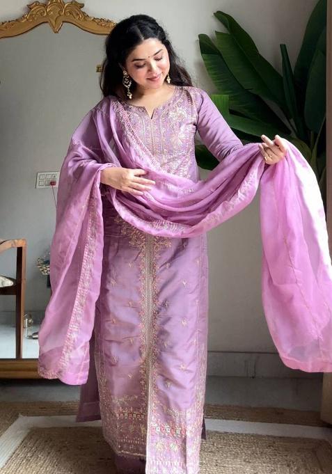 Lavender Embroidery Silk Plazzo Set