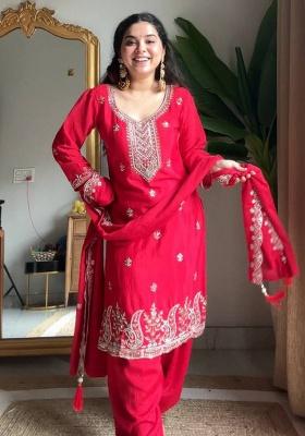 Red Embroidery Silk Salwar Kameez With Dupatta