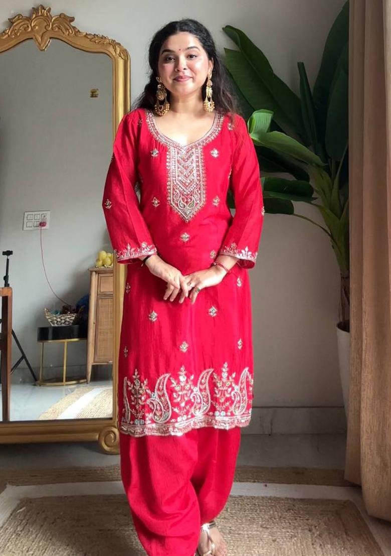 Red Embroidery Silk Salwar Kameez With Dupatta - Indya