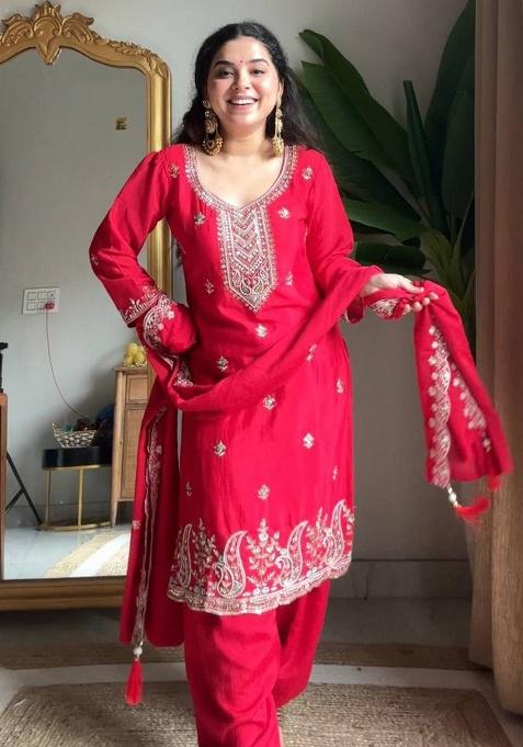 Red Embroidery Silk Salwar Kameez With Dupatta